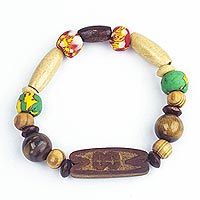 Tiger's eye beaded unity bracelet, 'Each is a Link' - Glass and Bamboo Beaded Unity Bracelet with Tiger's Eye