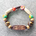 Tiger's eye beaded unity bracelet, 'Each is a Link' - Glass and Bamboo Beaded Unity Bracelet with Tiger's Eye