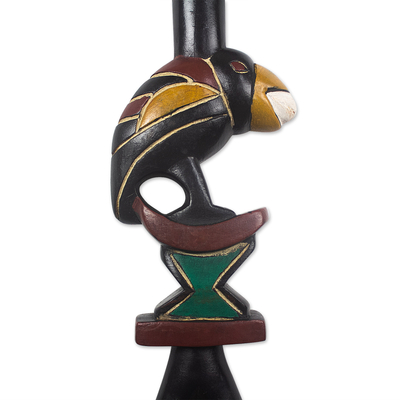 Wood and aluminum walking stick, 'Parrot' - Hand Carved Parrot Motif Walking Stick