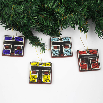 Wood and recycled glass bead holiday ornaments, 'Fante Head' (Set of 4) - Handmade Sese Wood Holiday Ornaments (Set of 4)