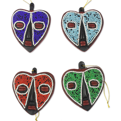 Wood and recycled glass bead ornaments, 'Eternal Love' (set of 4) - Heart-Shaped Sese Wood Holiday Ornaments (Set of 4)