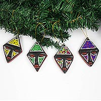 Wood and recycled glass bead holiday ornaments, 'Joyful Kites' (set of 4) - Sese Wood and Glass Bead Holiday Ornaments (Set of 4)