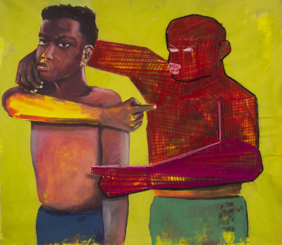 'Blame Game I' - Cotton and Oil on Canvas Painting of Two Men