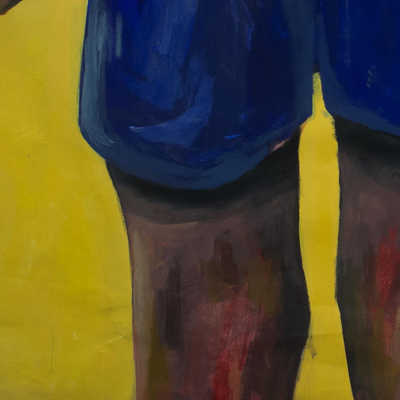 „Entschuldigung mit blauem Schlauch“ (2020) – Apologetic Man Mixed Media Gemälde auf Leinwand