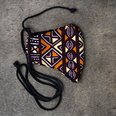 Cotton face mask, 'Warm Geometry' - Geometric African Print Brown & Yellow Cotton Face Mask