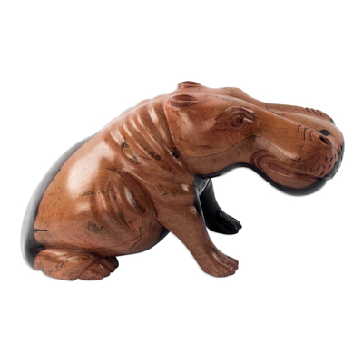Ebony wood sculpture, 'Resting Hippo' - Hand Carved Ebony Wood Hippo Sculpture