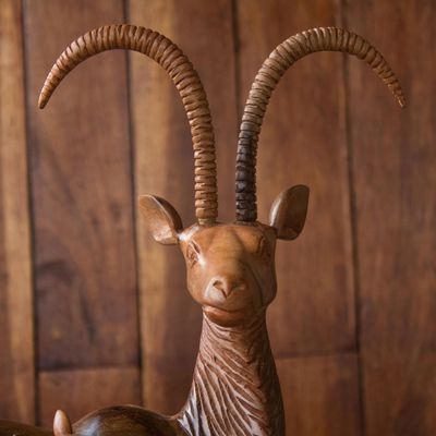 Ebony wood sculpture, 'Antelope and Child' - Hand Carved Ebony Wood Antelope Sculpture
