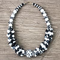 Agate and recycled glass bead necklace, 'Dzidzor' - Black and White Agate Recycled Glass Bead Bracelet