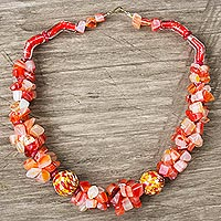 Agate and recycled glass beaded necklace, 'Warm Faakonam' - Agate and Recycled Glass Beaded Necklace