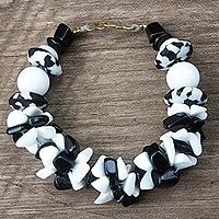 Agate and recycled glass bead bracelet, 'Dzidzor' - Black and White Agate Recycled Glass Bead Bracelet