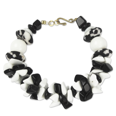 Black and White Agate Recycled Glass Bead Bracelet