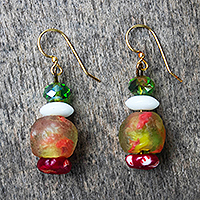 Recycled glass bead dangle earrings, 'Klenam' - Multicolored Recycled Glass Bead Dangle Earrings