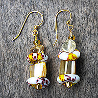 Agate and Recycled Glass Bead Dangle Earrings,'Nuku'