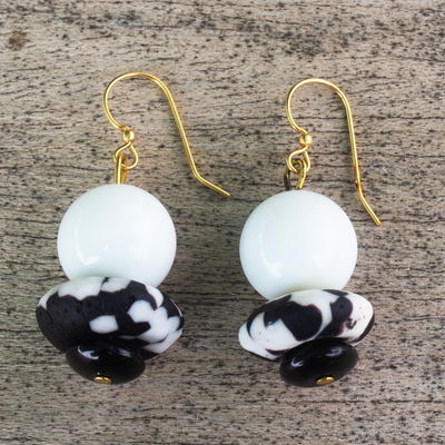 Glass bead dangle earrings, 'Dzidzor Dream' - Black and White Recycled Glass Bead Dangle Earrings