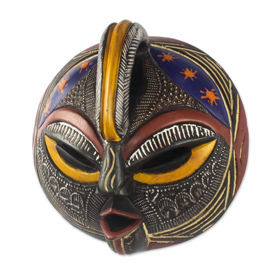 Afrikanische Holzmaske - Handgeschnitzte Maske aus Sese-Holz und Aluminium plattiert