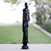 Wood statuette, 'Ghanaian Mother and Child' - Ghanaian Hand-carved and Hand-painted Black Wood Statuette