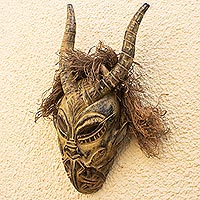 African wood mask, 'Nhyira Kese' - Horned Sese Wood Wall Mask from Ghana