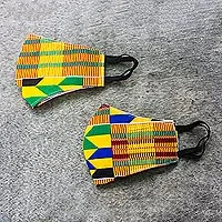 Mascarillas de algodón, (par) - 2 coloridas máscaras faciales de contorno de 2 capas con estampado kente africano