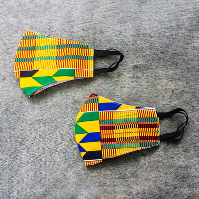 Cotton face masks, 'Edwene Asa' (pair) - 2 colourful African Kente Print 2-Layer Contour Face Masks