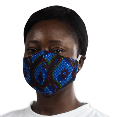 Gesichtsmasken aus Baumwolle, (Paar) - 2 konturierte 2-lagige Baumwoll-Gesichtsmasken mit blauem Afrika-Print