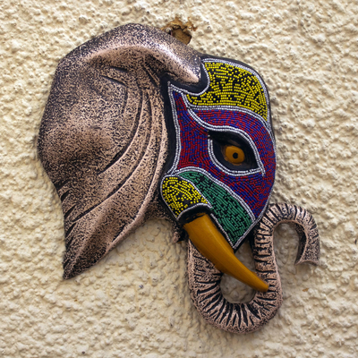 Wood relief panel, 'Festive Elephant' - Hand Made Wood Relief Panel Elephant Mask