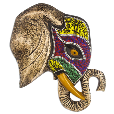 Wood relief panel, 'Festive Elephant' - Hand Made Wood Relief Panel Elephant Mask
