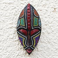 African wood mask, 'Bisa' - Hand Carved Sese Wood and Glass Bead Mask