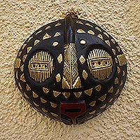 African wood and brass mask, 'Mablevi' - Hand Crafted West Africa Sese Wood Mask