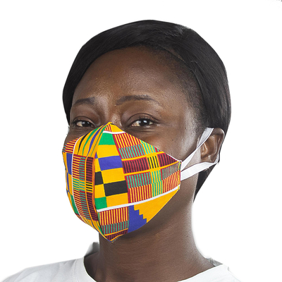 Cotton face mask, 'Kente Melange' - Ghanaian African Kente Print Cotton 2-Layer Ear Loops Mask