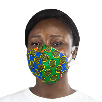 Cotton face mask, 'Accra Sunflowers' - African Sunflower Print 2-Layer Cotton Mask w/Ear Loops