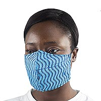 Family set cotton face masks, 'Blue Busua Waves' (pair) - 2 Handmade African Print Cotton Tie-On Family Pack Masks