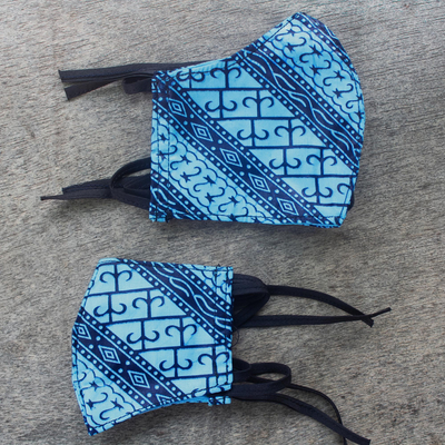 Family set cotton face masks, 'Blue Gatekeeper' (pair) - 2 Ornate Blue African Print Cotton Tie-On Family Pack Masks