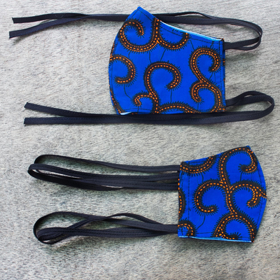 Set familiar de mascarillas de algodón, (par) - Pack familiar 2 corbatas algodón estampado africano azul zafiro mascarillas