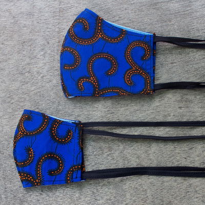 Familien-Gesichtsmasken aus Baumwolle, (Paar) - 2 saphirblaue Familienmasken aus Baumwolle mit afrikanischem Aufdruck