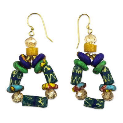 Recycled glass bead dangle earrings, 'Colorful Kente' - Recycled Glass Bead Dangle Earrings