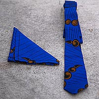 Cotton tie and pocket square set, 'Who's the Boss' (pair) - Cotton Tie and Pocket Square Set (Pair)