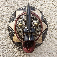 African wood mask, 'Gift of Royalty' - African Sese Wood Mask with Brass Plate Accents