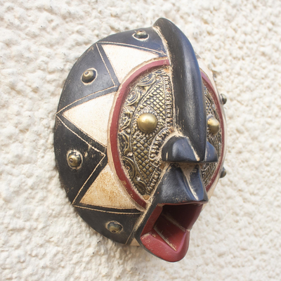 African wood mask, 'Gift of Royalty' - African Sese Wood Mask with Brass Plate Accents