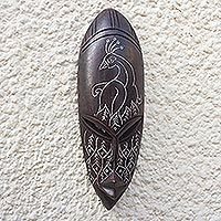African wood mask, 'Peacock in Brown' - African Peacock Hand Carved Wood Mask