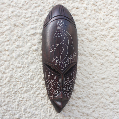 African wood mask, 'Peacock in Brown' - African Peacock Hand Carved Wood Mask