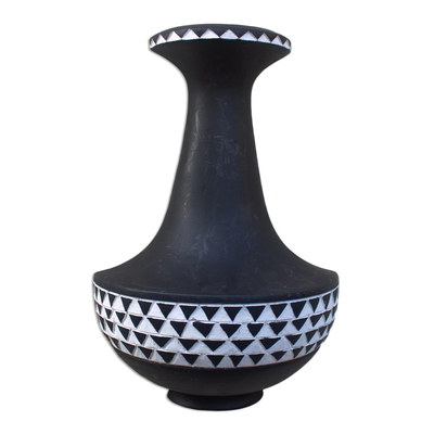 Wood wall decor, 'Wallflowers' - West African Black and White Wall Vase Decor