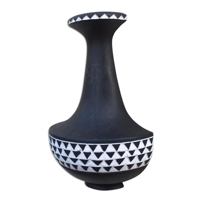 Wood wall decor, 'Wallflowers' - West African Black and White Wall Vase Decor