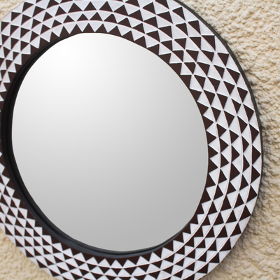 Wood wall mirror, 'Graceful Reflection in Brown' (23 inch) - Round Sese Wood Mirror Triangle Motif (23 Inch)