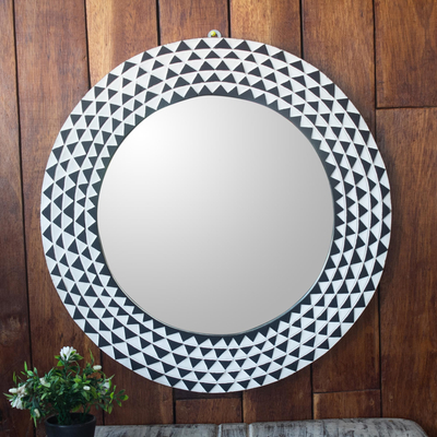 Wood wall mirror, 'Graceful Reflection in Black' (22 inch) - Round Sese Wood Mirror Triangle Motif 22 Inch