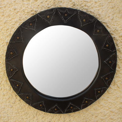 Wood and metal mirror, 'Tribal Reflection' - Round Wood and Metal Wall Mirror
