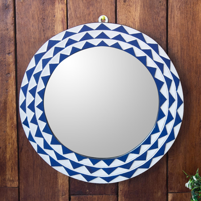 Wood wall mirror, 'Graceful Reflection in Blue' (15 inch) - Round Sese Wood Mirror Triangle Motif 15 Inch