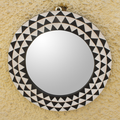 Round Sese Wood Mirror Triangle Motif, 14 Inch Round Mirror