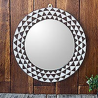Wood wall mirror, 'Graceful Reflection in Brown' (15 inch) - Round Sese Wood Mirror Triangle Motif (15 Inch)