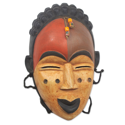 Máscara de madera africana - Máscara africana de galoa con cuentas de madera de sesé hecha a mano