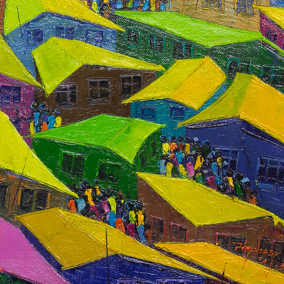 „Friedliche Koexistenz“. - Farbenfrohe Stadtlandschaftsmalerei in Acryl auf Leinwand
